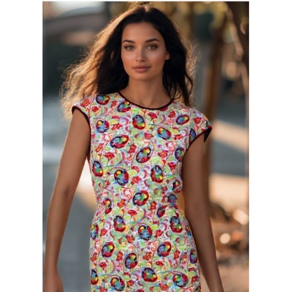 60s Paisley Floral Apron Dress Size S-M Red Attached Belt Original Button Back